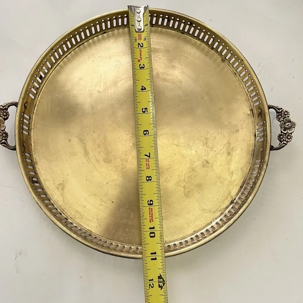 Vintage Brass Gallery Tray Round Ornate Dual Handles Made in India 11 Inch